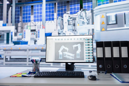 PC screen used to adjust empty photovoltaics facility system parameters, increasing performance. Computer desk in modern solar cells manufacturing plant optimizing energy supplyの写真素材