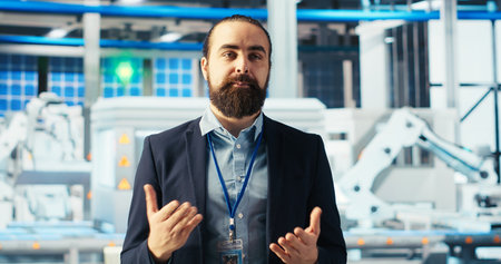 Man in solar panel factory speaking, filming informational video about renewable energy production. Photovoltaics factory expert recording video, explaining solar panel production process, camera Bの写真素材