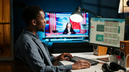 African american investment expert working from home analyzing financial statistics, developing a global investment solution for growth. Economy advisor examines declared revenue. Camera A.の写真素材