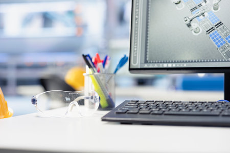 Close up of computer on desk displaying live metrics in renewable energy facility. Stationary items on photovoltaics factory engineering workspace deskの写真素材