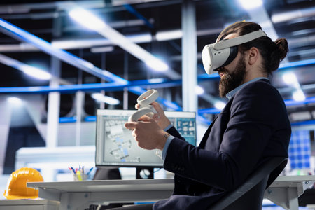 Photovoltaics factory technician using VR equipment to adjust system parameters, maximizing power...
