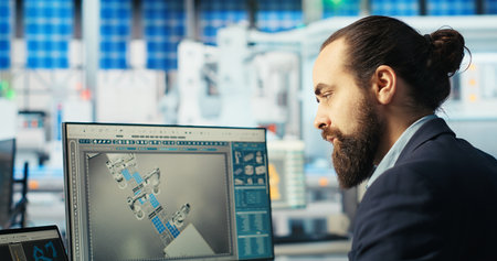 Photovoltaics factory technician adjusts system parameters on laptop to maximize solar cells power...