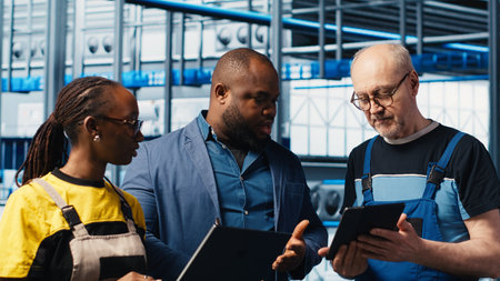 Supervisor overseeing work done by engineers in industry 4.0 solar panels plant to reduce downtime. Photovoltaics smart factory manager tasking workers with fixing damaged IoT sensors, camera Aの写真素材