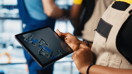 Photovoltaic smart factory specialist uses tablet to design production lines in CAD software. Industry 4.0 solar panels plant employee uses device to optimize floor layouts, camera A close upの写真素材