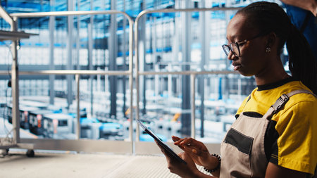 Worker using tablet in smart factory, collecting and analyzing data. Expert using tracking software on device in industry 4.0 industrial plant equipped with advanced sensors, camera A close upの写真素材