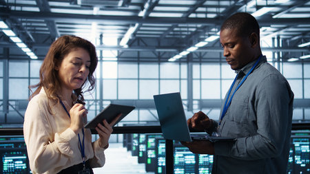 System administrators using notebook device in data center, managing server virtualization. IT...
