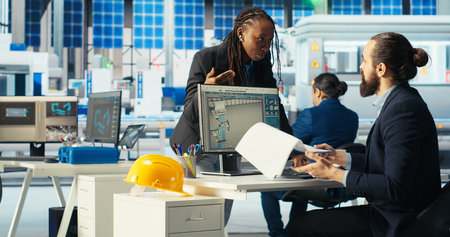 Photovoltaics factory manager visualizes solar cells designs with 3D software tools, talking with employee. Solar panels plant technician does computer simulations in CAD program, informing supervisorの写真素材