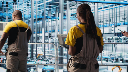 Engineering team working in smart factory, collecting and analyzing data. Teamworking colleagues...
