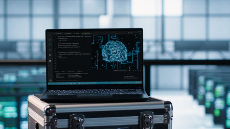 Laptop used by data center system administrators using artificial intelligence tech, handheld camera...