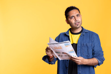 Confident indian guy browsing though financial audit paperwork in studio, reviewing accounting...