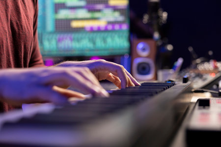 Music producer playing tunes on electronic midi controller, composing songs to use with mixing and mastering techniques. Singer plays electronic piano notes to create soundtracks. Close up.の写真素材