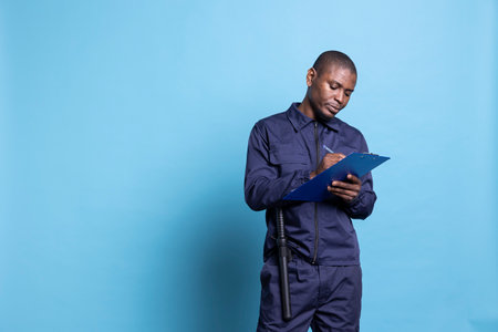 Mall security officer takes notes on his clipboard files while on duty, ensuring safety and protection on the premises. Trained guard writing list of attendees for an event, defense responsibility.の写真素材