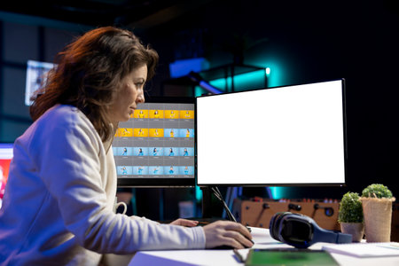Photographer enhancing images quality using isolated screen display, correcting flaws and adjusting...