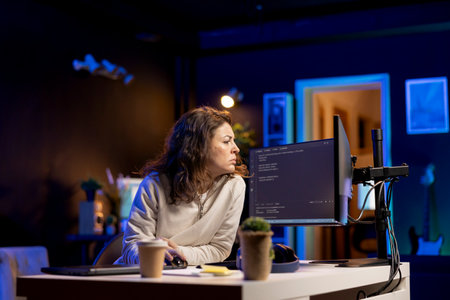 System administrator doing software debugging on PC at home, checking broken lines of code displayed...