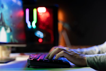 Man destroying enemy spacecrafts, trying to finish level in science fiction flying game. Close up of player fighting boss in singleplayer videogame, solving missions to save galaxyの写真素材