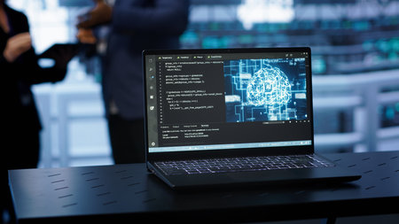 Laptop in data center establishment with artificial intelligence computing simulating human brain. Close up shot of notebook displaying AI machine learning algorithms, camera Aの写真素材