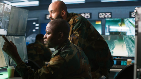 Air force officers performing tactical level reconnaissance in command post, looking at monitors....