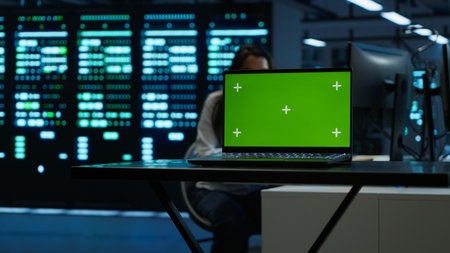 Focus on mockup laptop used by technician in data center in blurry background managing servers. Close up of chroma key notebook used by expert in server hub to ensure networks are secure, camera Aの写真素材