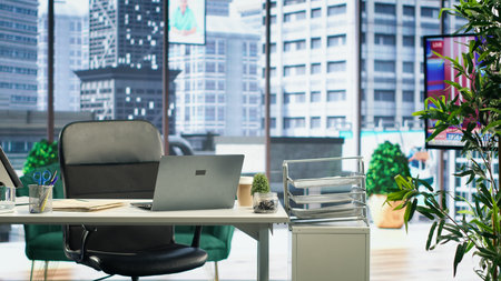 Empty high end corporation workspace with modern tools and gadgets that serve in the business...