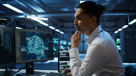 Engineer doing checkup on server hub to optimize it for data processing requirements of AI...
