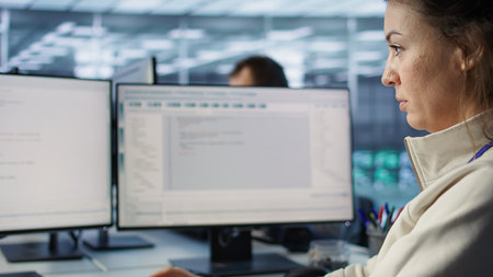 Smiling IT engineer in data center using PC to find misconfigurations affecting rackmounts. Cheerful...