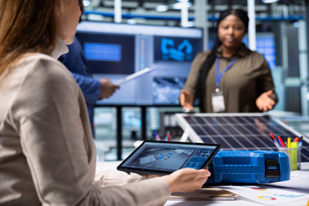 Photovoltaics factory researching team monitoring system performance using tablet. Solar panels...