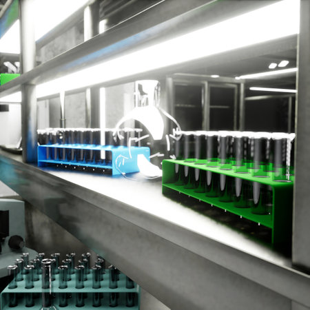 3D render of smart lab featuring sterile glass vials, test tubes and diagnostics equipment used for clinical testing, sample analysis and patient diagnostics in high tech medical environment, close upの写真素材