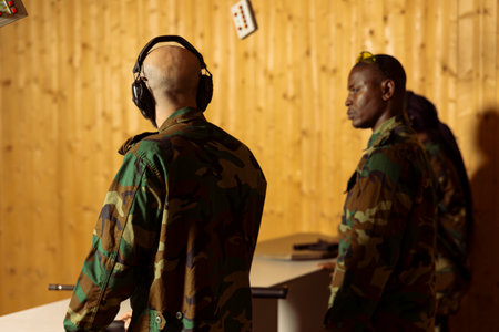 Soldiers in safety gear at firing range doing intensive shooting course designed to elevate...