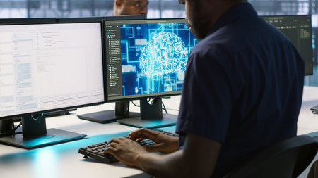 African american worker in data center implements advanced AI driven predictive maintenance systems....