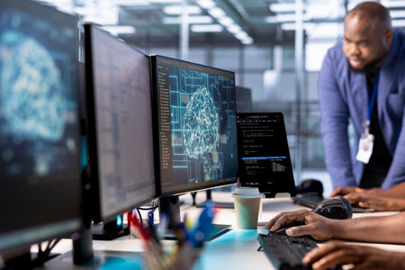 Server hub worker creating AI systems high performance computing engine on PC. System administrator in data center developing artificial intelligence capable of producing human cognitive abilitiesの写真素材