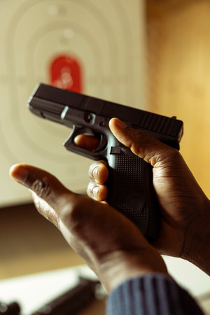 Firing range facility client reloading handgun following safety protocols. Close up shot of person...