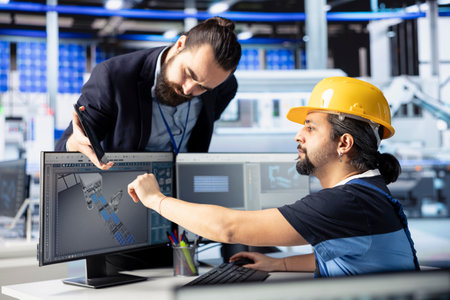 Photovoltaics factory manager supervising specialist creating CAD models for solar modules. Team leader overseeing work done by man developing and optimizing solar panel designsの写真素材