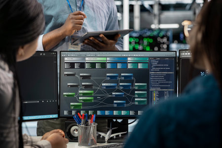 Close up of data center programmers using PC to visualize artificial intelligence neural networks....