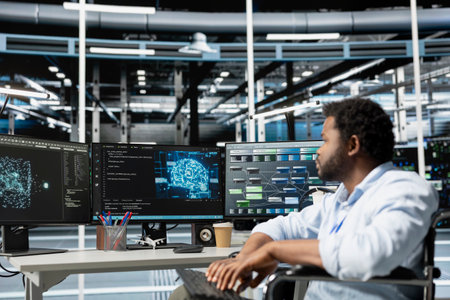 Engineer with paraplegia in inclusive data center using artificial intelligence visualization tools...
