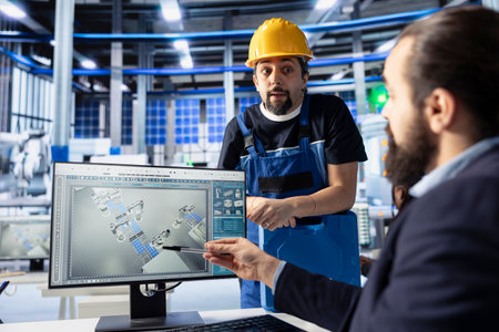 Manager in photovoltaics factory talking with worker, diagnosing malfunctioning systems, pointing to...