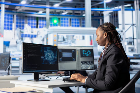 Engineer coding in solar panel plant, using artificial intelligence to automate equipment processes....