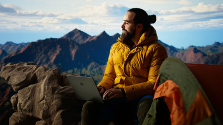 Young entrepreneur always connected to internet to do some tasks, workaholic person enjoying high...