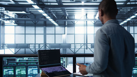 Technician in data center using AI on laptop and tablet, developing disaster recovery plans. Server...