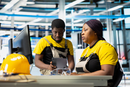 Photovoltaics factory supervisors evaluating performance of robot arms placing solar panels on...