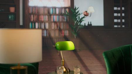 Elegant vintage library with green armchairs and classic decor creates a sophisticated upscale...