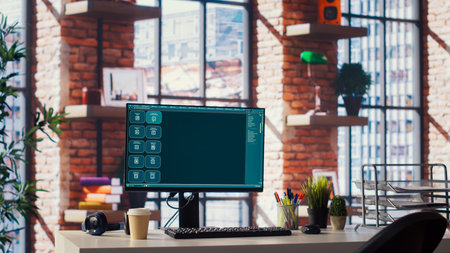 AI LLM chatbot software interface on PC in home office showing virtual assistant answering prompts....