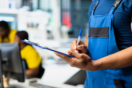 Technician investigating malfunctioning systems in photovoltaics factory, comparing parameters with...