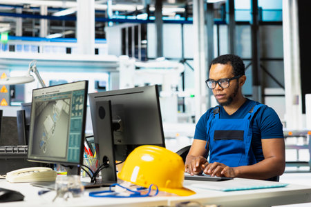African american technician analyzing energy consumption software in solar factory, uses PC program...