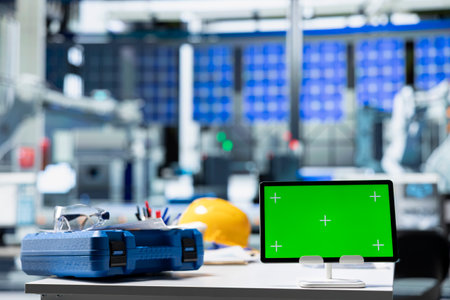 Chroma key display on PC in photovoltaics factory used to oversee production line, analyzing data...