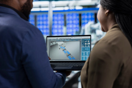 African american team of energy consultants analyzing insight in solar panel plant, ensuring high...