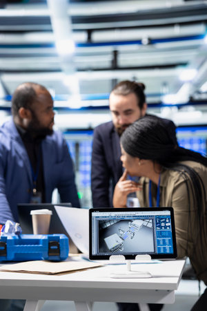 Group of industry experts and engineers analyzing solar panel systems during a production...