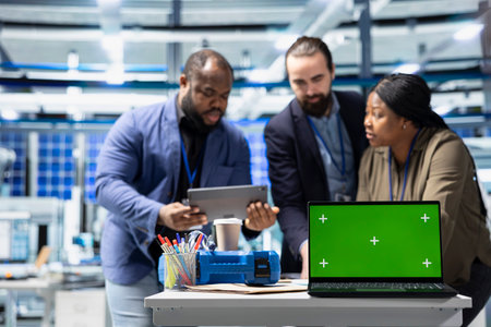 Team members in suits overseeing factory activity next to green screen, blending professionalism and...