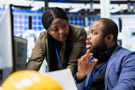 African American professional team working together in a solar plant, uniting forces to ensure...