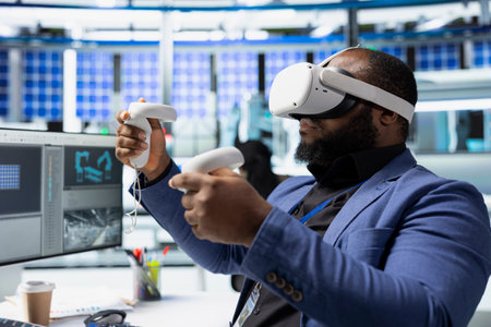 African american master engineer using VR headset to improve solar energy automation, eco friendly....