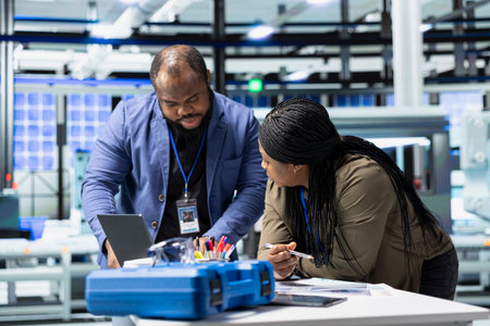 Black industry engineers team working together on solar panel systems during a production...